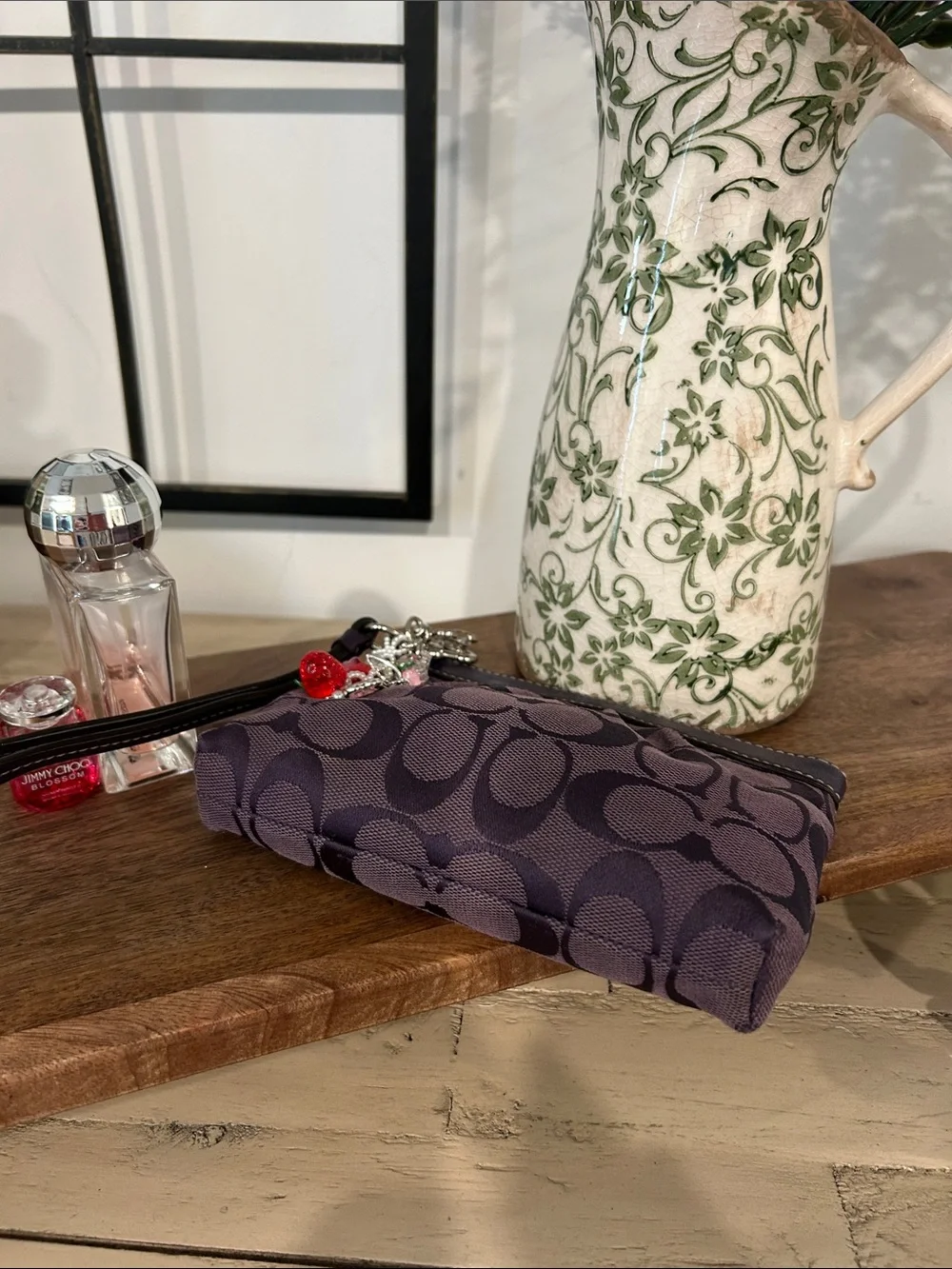 Coach Purple Signature Wristlet Pouch with Heart Charm